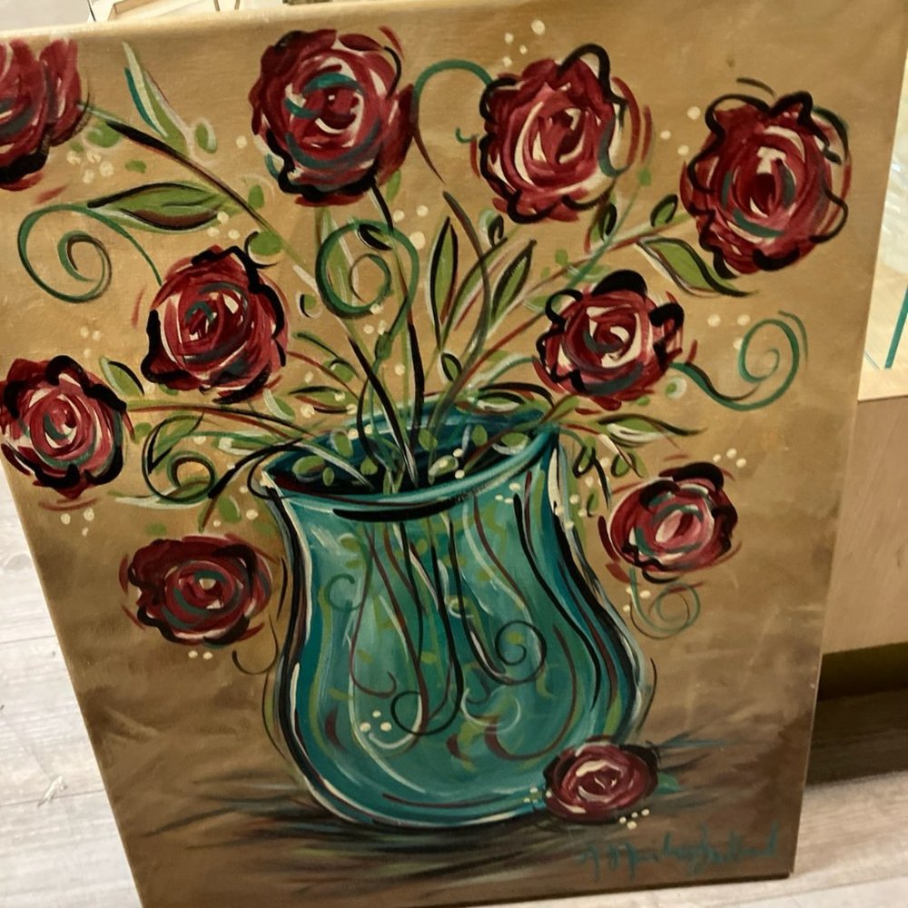 Hand Painted Art - Vase of Roses - Original
